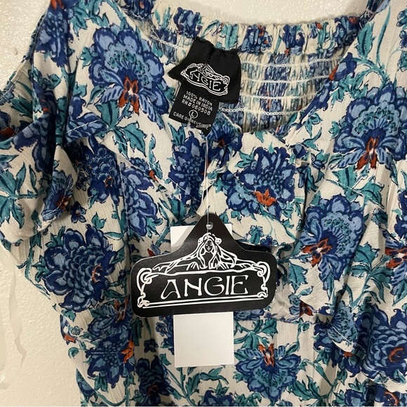 NEW Angie Rosette Trim Bodice Asymmetrical Hem Floral Dress Blue Multi Size L - Picture 4 of 7